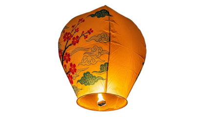 Detailed orange sky lantern with floral design and calligraphy isolated on transparent background
