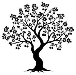 Obraz premium A black and white silhouette of a tree with flowers and fruits, apple tree, berry, black, cherry, flower, fruit, illustration, profile, tree, against transparent background