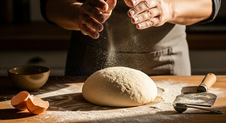 Baker hands dusting flour on fresh sourdough bread dough on rustic wooden table. Action shot of making homemade pastry in morning sunlight with flying dust particles. Baking cooking concept