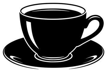 A black and white silhouette of a cup and saucer, beverage, black, coffee, coffee cup, cup, illustration, liquid, mug, plate, profile, saucer, tea, teacup, against transparent background