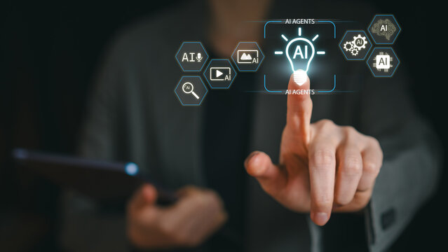 Businessman holding tablet and touching virtual AI Agents light bulb. Artificial Intelligence innovation concept with multimedia icons (voice, video, image). Smart digital assistant technology. - Powered by Adobe