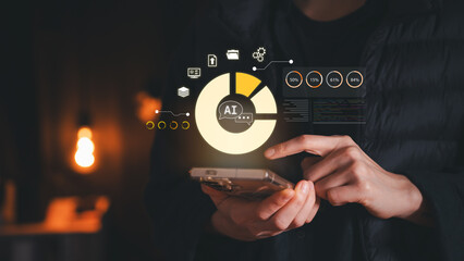 Businessman using mobile phone analyzing AI data chart. Business finance and investment statistics concept. Fintech application and digital marketing strategy background.