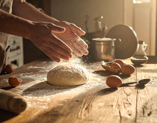 Baker hands dusting flour on fresh sourdough bread dough on rustic wooden table. Action shot of making homemade pastry in morning sunlight with flying dust particles. Baking cooking concept
