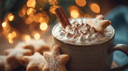 Cozy mug of hot chocolate topped with whipped cream and cinnamon stick with gingerbread cookies and bokeh lights