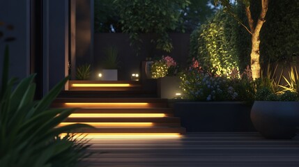 Outdoor step lighting a wooden deck illuminating each step with a subtle glow surrounded by planters with soft accent lighting creating a welcoming pathway to the garden