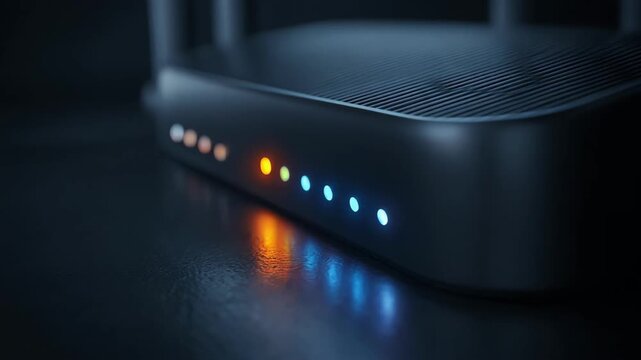 Closeup medium shot of a sleek IoT router with indicator lights active symbolizing advanced technology managing multiple smart devices efficiently.