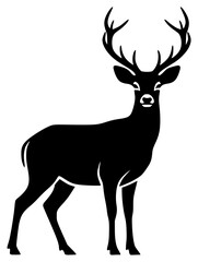 A black silhouette of a deer with antlers on a plain , animal, antler, black, deer, illustration, moose, profile, reindeer, stand, trumpet, against transparent background