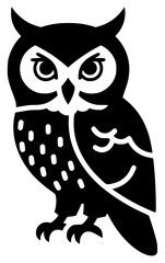A black and white silhouette of an owl with large, expressive eyes, black, eye, illustration, owl, profile, stare, against transparent background