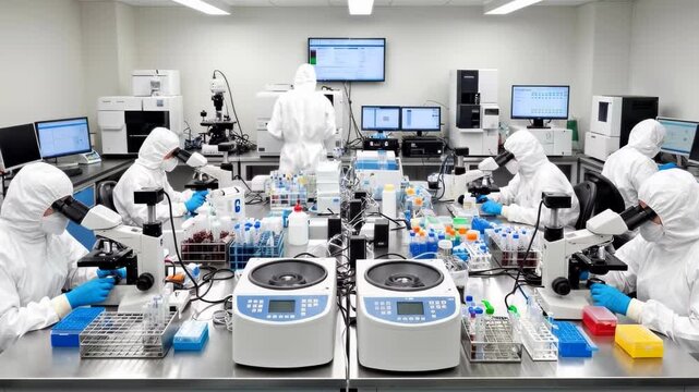 Wide shot of several scientists in white hazmat suits working with microscopes and centrifuges in a busy, sterile laboratory