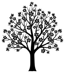 A black and white silhouette of a tree with flowers and leaves, black, flower, illustration, profile, tree, against transparent background