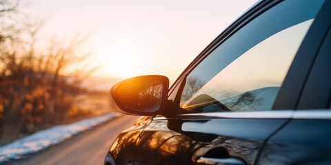 Black car with a sun reflecting off the side of it