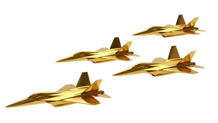 Polished gold foil origami planes in mid-flight with cinematic lighting, metallic reflections, and a seamless white background, symbolizing coordinated success.