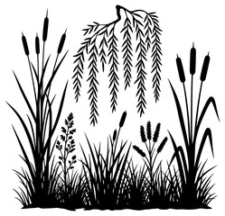 A set of silhouettes of reeds and plants, including cattails and willows, black, flower, grass, illustration, plant, profile, reed, swamp, weed, against transparent background © Alloca Design Studio