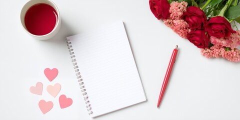 Red pen sits on a white notebook with a red rose on the right side