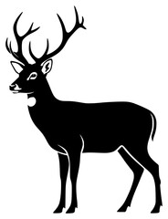 A black and white silhouette of a deer with antlers, animal, antler, black, deer, illustration, moose, profile, reindeer, stand, trumpet, against transparent background