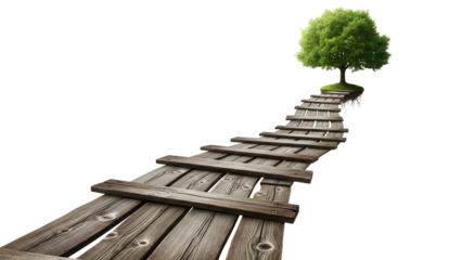 A wooden walkway leads to a solitary green tree on a small island, symbolizing growth and journey
