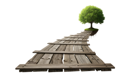 Wooden walkway leading to a lush green tree on a floating island, symbolizing growth and journey