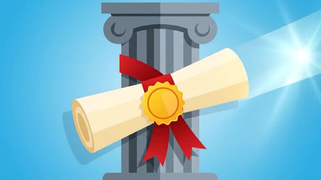 Graduation Diploma on Ancient Pillar with Red Ribbon.