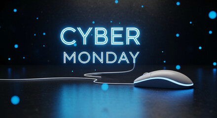 Image with glowing "Cyber Monday" text and a computer mouse. Symbolizes online shopping and promotion during Cyber Monday sale event