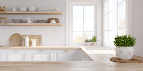 Kitchen with a white countertop and a potted plant on it