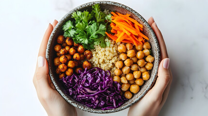 Person holding healthy food bowl with quinoa and vegetables