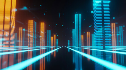 A digital cityscape visualization with a futuristic, cyberpunk aesthetic.