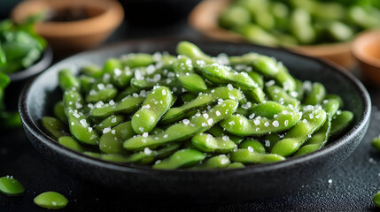 Salted edamame pods in black bowl ready to eat