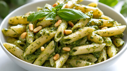 Penne pasta with green pesto and pine nuts