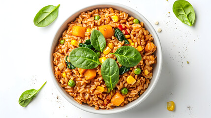 Vegetable fried rice bowl with spinach leaves