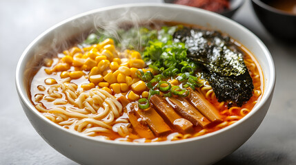Steaming ramen bowl with noodles corn and green onions