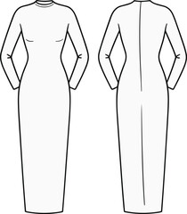 Flat Sketch of Long Sleeve Bodycon Maxi Dress with Mock Neck, Front and Back View, Technical Fashion Illustration Template