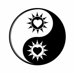 Yin Yang symbol vector illustration featuring suns with hearts representing balance and love isolated on white background