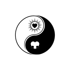 Yin Yang symbol vector illustration with sun heart and opposing heart shape isolated on white background
