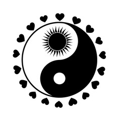 Yin Yang symbol vector with sun heart border representing balance and harmony isolated on white background