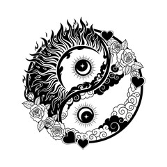 Yin Yang vector symbol with sun moon flames clouds roses and hearts representing spiritual balance isolated on white background