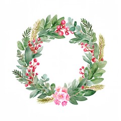 Wreath with green leaves and red berries