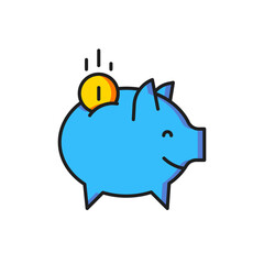 Color Piggy bank with coin icon isolated on white background. Icon saving or accumulation of money, investment. Flat filled outline style with shadow. Vector