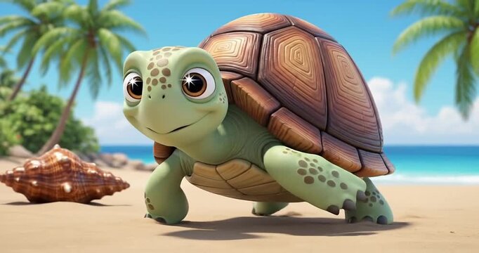 Playful cartoon turtle exploring a sunny beach with vibrant ocean and palm trees in the background