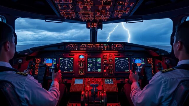 Pilots view from the cockpit of an airliner during a severe thunderstorm with lightning flashes and dark, dramatic clouds outside the window