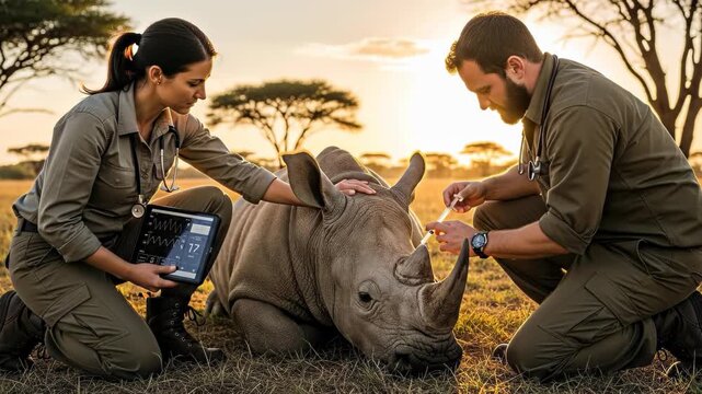Two wildlife veterinarians treat a sedated rhinoceros on the African savanna at sunset while monitoring its vital signs on a tablet