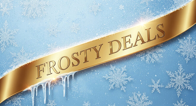 Light blue backdrop with white snowflake illustration. Golden banner with icicles displaying text, representative of winter offers and sales - Powered by Adobe