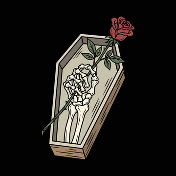 Skeleton hand holding a rose from a coffin.