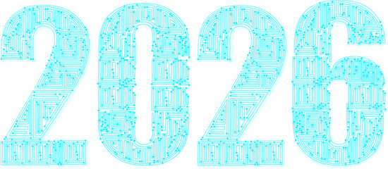 New Year 2026 Circuit Design, Futuristic Typography Illustration, Digital Celebration Symbol, Tech-Themed Year Graphic