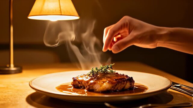 Hand gently places a sprig of thyme on a hot, steaming steak covered in sauce on a plate under warm table lamp light