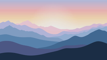 Serene mountain landscape at sunrise with pastel sky colors