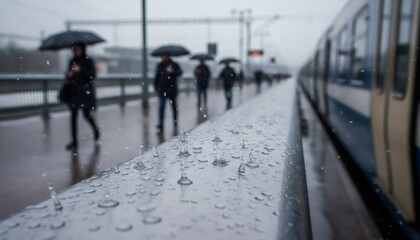 Rainy Train Station Platform with People, Passengers Waiting for Train