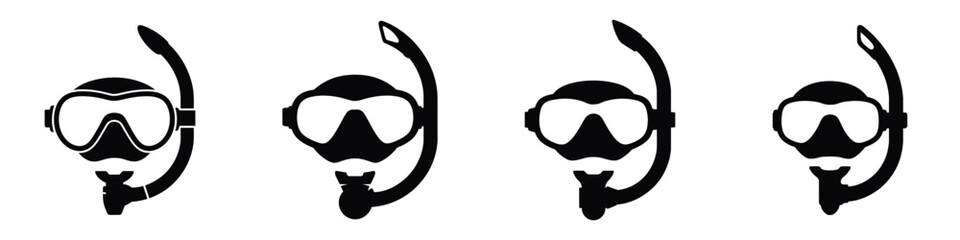 Black Scuba Diving Mask and Snorkel Vector Icon Set: Water Sport, Snorkeling Gear, and Equipment Symbol