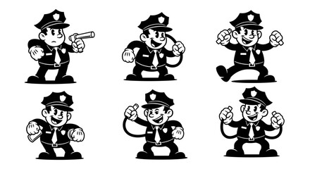 Retro Cartoon Police Officer Character Set.