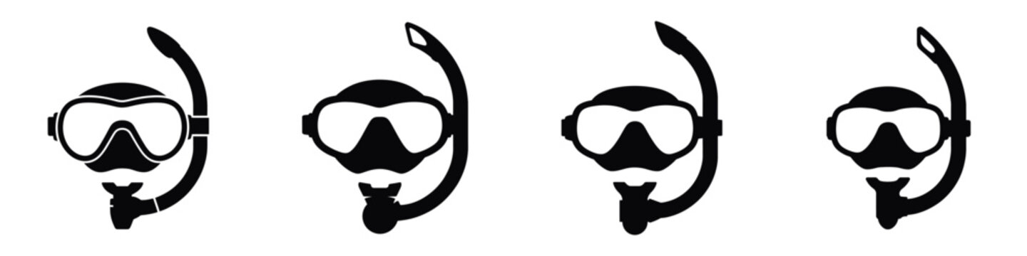 Black Scuba Diving Mask and Snorkel Vector Icon Set: Water Sport, Snorkeling Gear, and Equipment Symbol