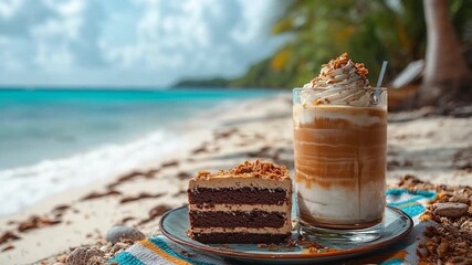 Iced Coffee and Chocolate Cake on a Tropical Beach.